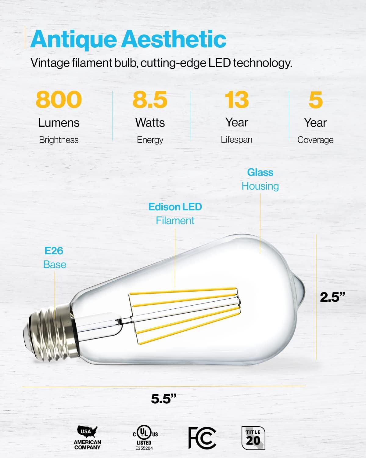 image:imageSunco 6 Pack Edison Bulbs LED ST64 Clear Vintage Filament Waterproof Bulb 800 LM 85W 60W Equivalent ST19 3000K Warm White E26 Medium Base Decorative Dimmable UL4000k Cool White