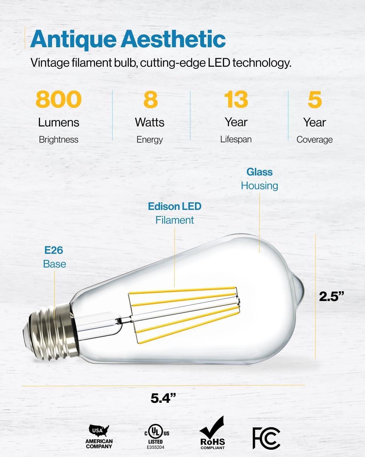 image:imageSunco 10 Pack Edison Bulbs LED ST64 Clear Vintage Filament Waterproof Bulb 800 LM 85W 60W Equivalent ST19 3000K Warm White E26 Medium Base Decorative Dimmable UL2700k Soft White