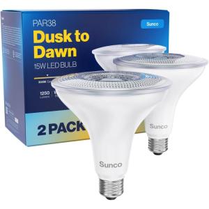 image:imageSunco LED Flood Light Bulb Waterproof PAR38 Dusk to Dawn Outdoor Lighting 1250 LM 120W Equivalent 15W Exterior WetRated 5000K Daylight E26 Base for Porch Garage Yard UL 2 Pack3000k Warm White