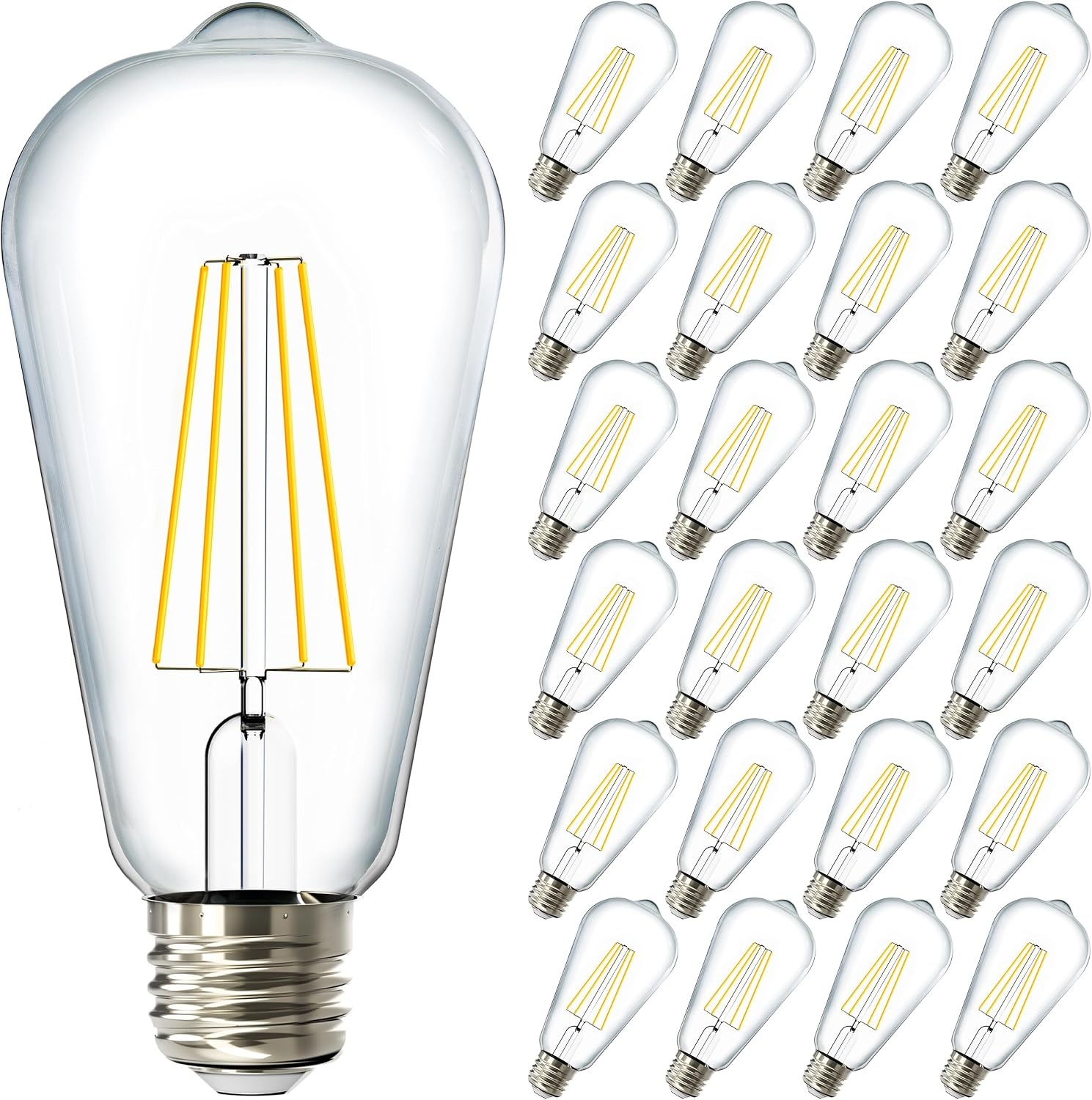 image:image24 Pack Edison Bulbs LED ST64 Clear Vintage Filament Waterproof Bulb 800 LM 8W 60W Equivalent ST19 3000K Warm White E26 Medium Base Decorative Dimmable ULWhite 3k